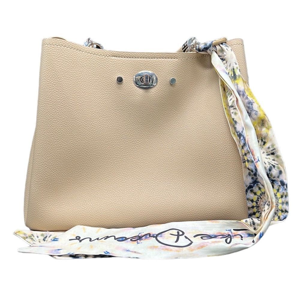 Beige Faux Leather Top Handle Bag Scarf Strap Turn Lock Shoulder Purse